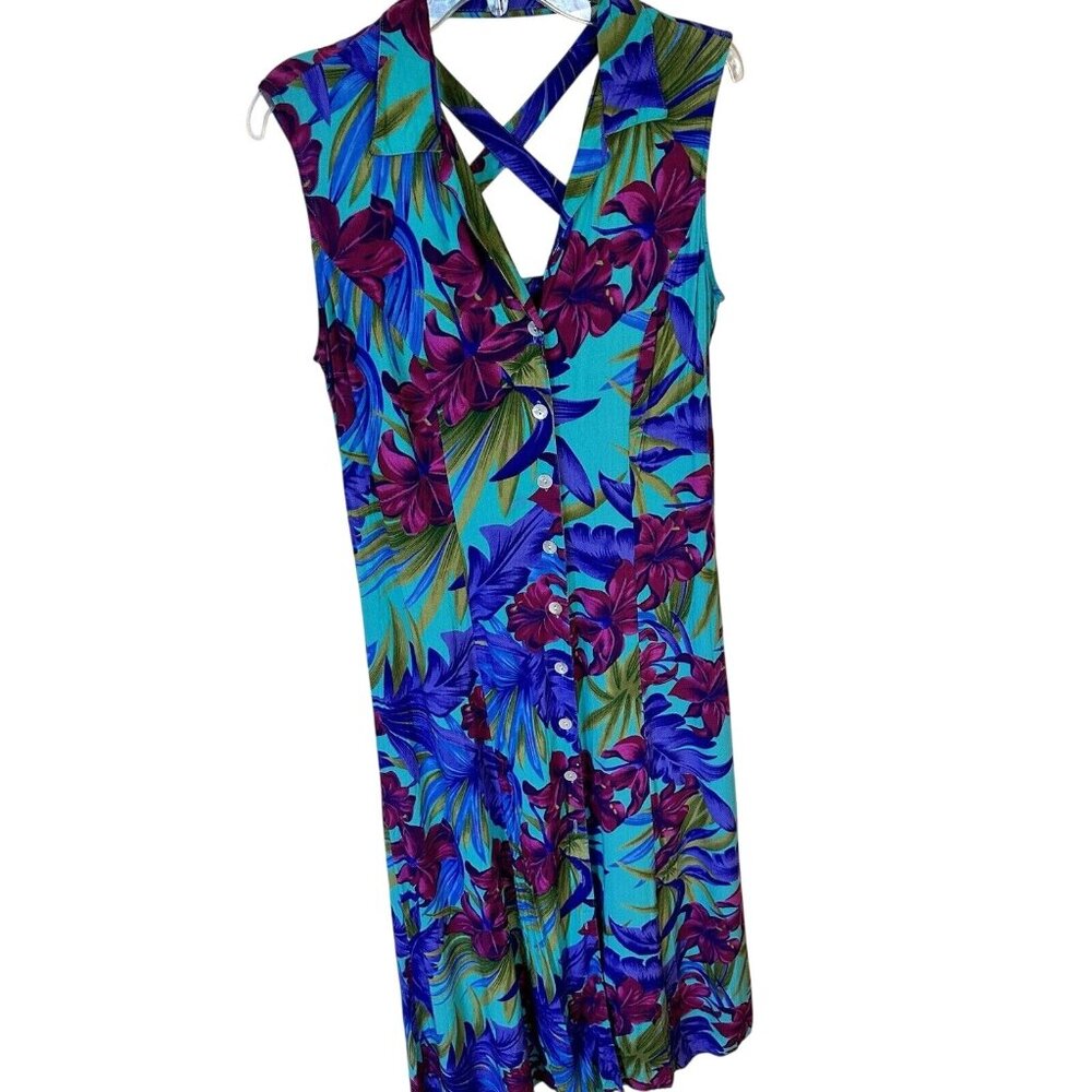 Vtg Womens Hawaiian Maxi Dress Tropical Blue & Purple Medium California Krush